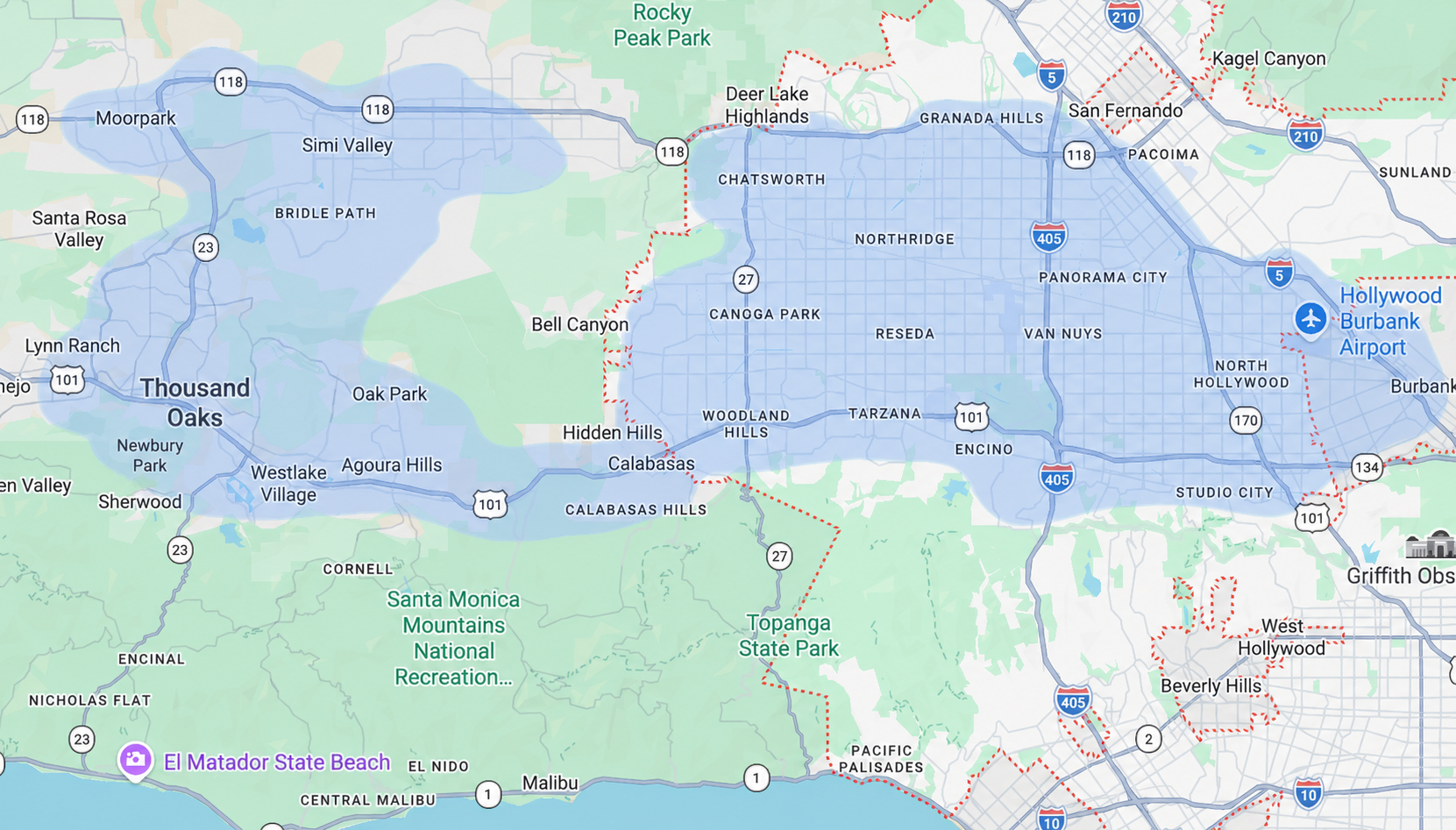 CA Comfort service area map covering San Fernando Valley, Ventura County and Greater LA